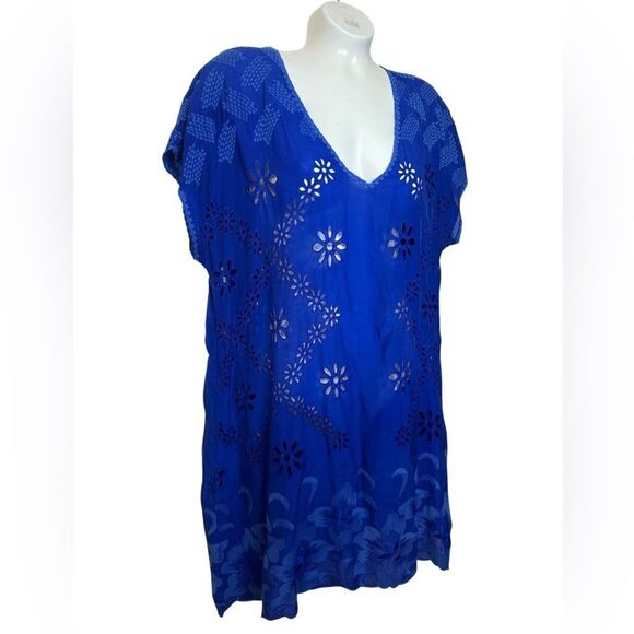 Johnny Was Cobalt Blue Sheer Eyelet Tunic Top - Picture 2 of 9